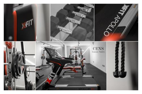 a collage of photos of a gym with a treadmill at Cens Platinum Luxury Suites in Ioannina
