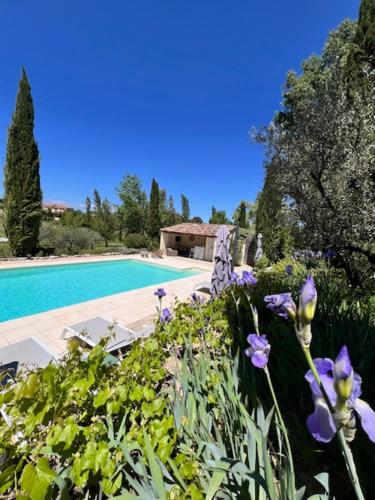 un jardin avec des fleurs violettes et une piscine dans l'établissement Relais de Poste apartment South Ardèche, à Saint-André-de-Cruzières