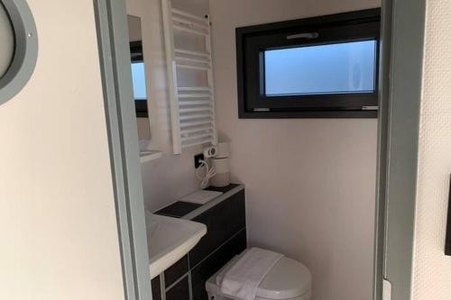 a small bathroom with a toilet and a window at Houseboat Tulip NS006 in Monnickendam
