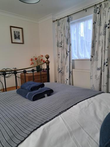 a bedroom with a bed with blue sheets and a window at The Summer Room in Norwich