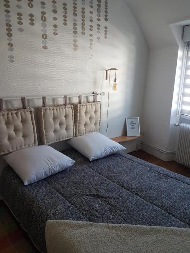 une chambre avec un grand lit avec deux oreillers dans l'établissement Charmante maisonnette de caractère, à Châteauroux