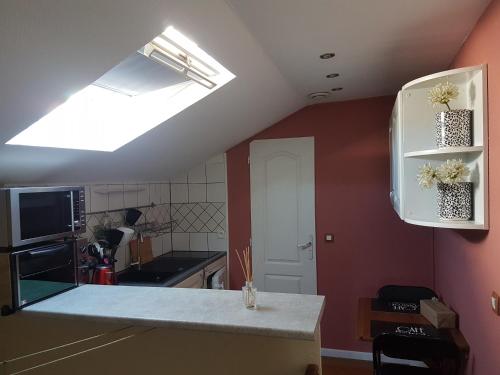 une cuisine aux murs rouges et une lucarne dans l'établissement Charmante maisonnette de caractère, à Châteauroux