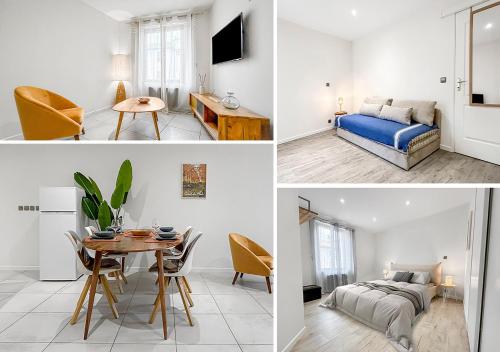 un collage de photos d'un salon et d'une chambre dans l'établissement Charmant T3 avec climatisation proche Narbonne, à Cuxac-dʼAude