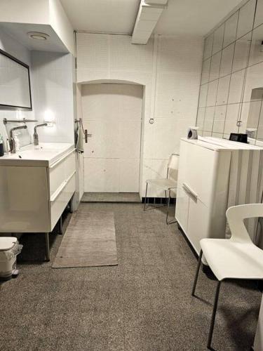 a kitchen with a sink and a white refrigerator at Urbanes Lebensgefühl in Basel in Basel