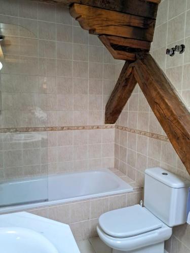a bathroom with a toilet and a bath tub at Hotel San Roque in Reinosa