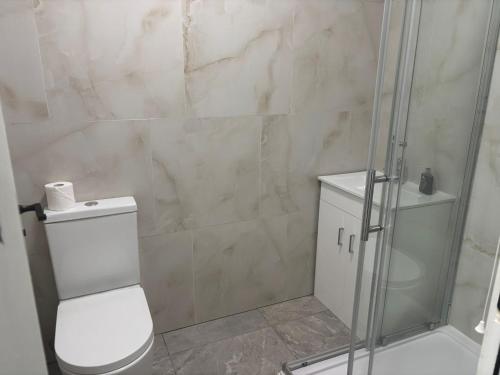 a bathroom with a toilet and a glass shower at 1 Bed Flat - Sleeps 2 - Parking - Wifi in Luton