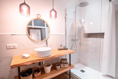 a bathroom with a sink and a shower at Le Duplex Gourmand - Clim et parking - WiFi in Montauban
