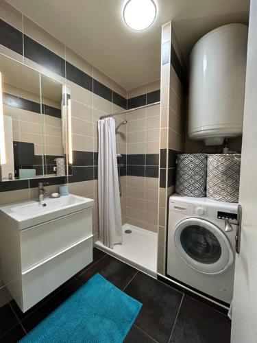 une salle de bain avec une machine à laver et un lave-linge dans l'établissement Le Serenity - lit XL, Parking, Proche Centre, à Rodez