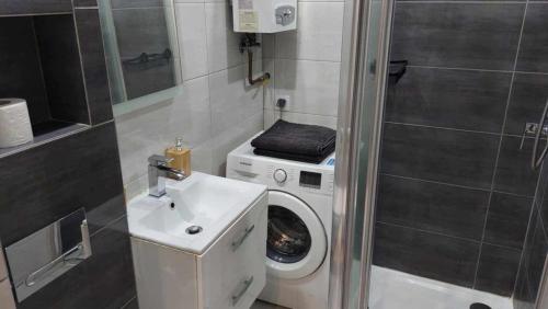 a small bathroom with a washing machine and a sink at Ekskluzywny Apartament w Centrum z Klimatyzacją i Balkonem in Lubin
