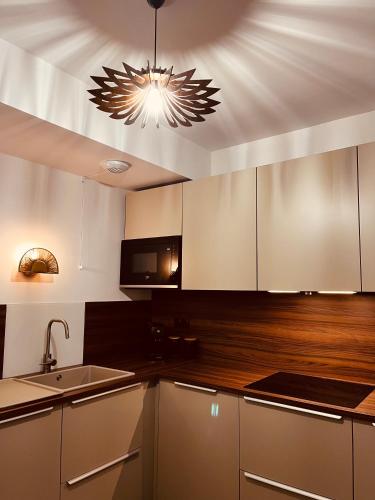 une cuisine avec des armoires blanches et un meuble lumineux dans l'établissement Vue sur le MontBlanc, à Domancy