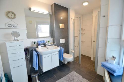 a bathroom with a sink and a toilet and a shower at Ferienwohnung de Hasel in Dorum Neufeld