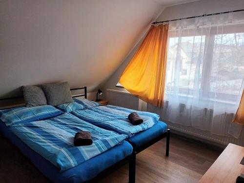 a bedroom with a bed and a large window at Vila Pavlínka apartmány Losiny in Velké Losiny