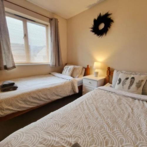 a bedroom with two beds and a window and a mirror at Lovely Holiday Home to explore beautiful West Wales in Carmarthen