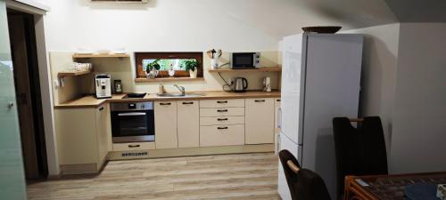 a kitchen with a white refrigerator and a sink at Apartments Gerda in Vřesina