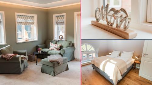 two pictures of a bedroom with a bed and a chair at Lokelk Lunhüs Hausteil 4 in Oevenum