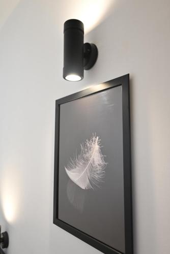 a picture of a feather on a wall with a light at Къща за Гости БАРБЕЛ in Golyam Izvor