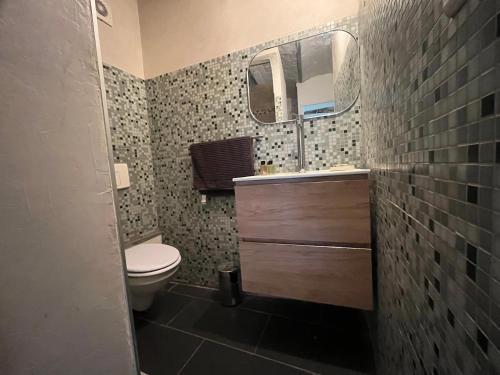 une salle de bain avec toilettes, lavabo et miroir dans l'établissement La maison du Cours, à Rougiers