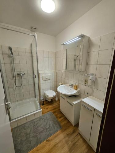 a bathroom with a sink and a toilet and a shower at FERIENWOHNUNG 57m2 APARTMENT 2 RAUM MAISONETTEN WOHNUNG im ZITTAUER STADTZENTRUM INNENSTADT INNENRING TOP LAGE MARKT UND RATHAUS NÄHE in Zittau