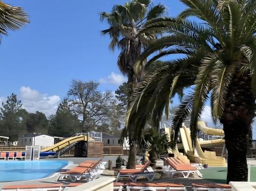 un complexe avec une piscine et un toboggan dans l'établissement La Cabane du Bassin, à Lège-Cap-Ferret