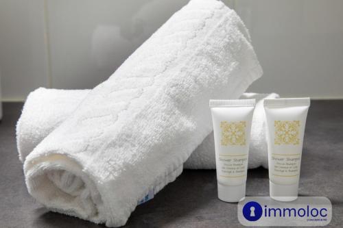 une serviette et deux bouteilles de lotion sur un comptoir de salle de bain dans l'établissement Studio Acropolis District, à Nice