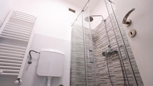 a shower in a bathroom with a glass shower stall at Free Parking - San Gerardo cosy apartment in Vedano al Lambro