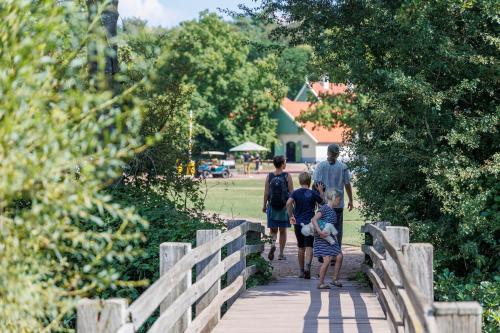 a group of people walking on a wooden bridge at Chalets De Roos in Beerze