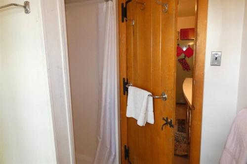 a bathroom with a wooden door with a towel at Cottage on Torch Lake in Alden
