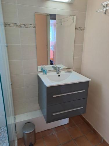 ein Badezimmer mit Waschbecken und Spiegel in der Unterkunft Montago in Le Gosier