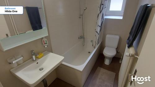 a bathroom with a sink and a shower and a toilet at Hilda: Tranquillo appartamento in centro in Zürich