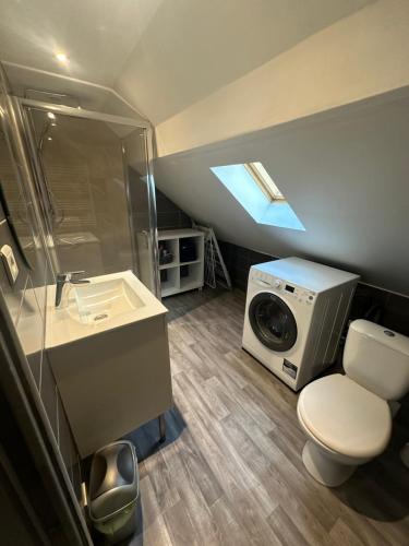 een badkamer met een toilet, een wastafel en een magnetron bij gites des cigognes in Duinkerke