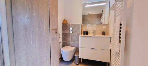 une petite salle de bain avec toilettes et lavabo dans l'établissement Villa Alba, 8 pers, piscine chauffée, 5 minutes plage, à Cirendinu