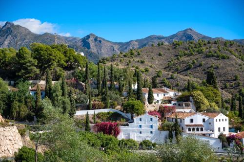 a village on a hill with trees and mountains at La Cuadra in Frigiliana
