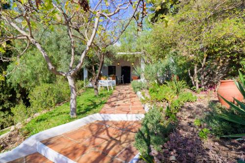 a garden with a pathway and trees and a house at La Cuadra in Frigiliana