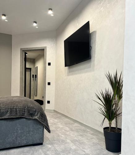 a bedroom with a flat screen tv on a wall at Апартаменти Зарічанська вулиця Netflix in Khmelʼnytsʼkyy
