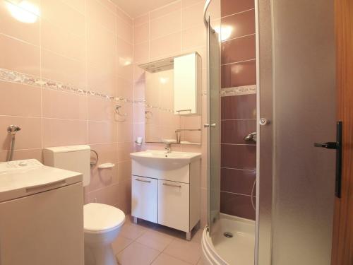 a bathroom with a toilet and a sink and a mirror at House BORA with sea view 70m from the beach in Blato