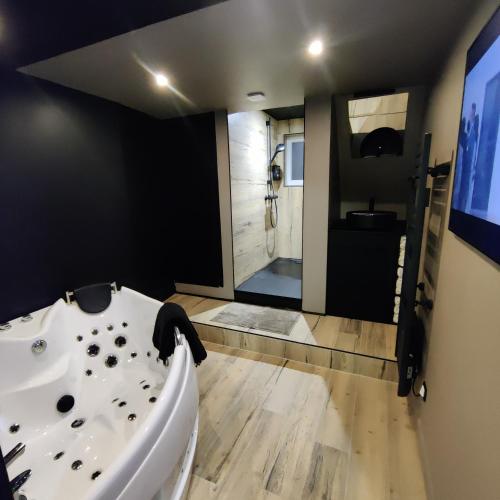 une salle de bain avec une baignoire blanche et une douche dans l'établissement Appartement avec jacuzzi, à Villiers-sur-Orge