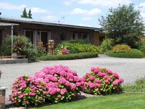 Gueudecourt的住宿－樂克洛杜克魯謝酒店，一座花园,在房子前方种有粉红色的花朵
