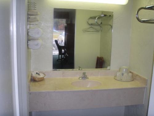 a bathroom with a sink and a mirror at Applegate Inn in Cleveland