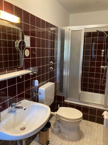 a bathroom with a toilet and a sink at Gasthof Walhalja in Schmallenberg