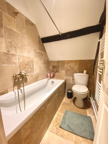 une salle de bain avec baignoire et toilettes dans l'établissement Château Compiegne Duplex et parking, à Compiègne