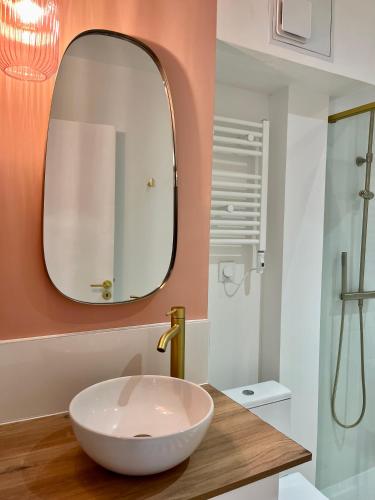 une salle de bain avec un lavabo et un miroir dans l'établissement Le Bellegarde - hypercentre et jacuzzi, à Toulouse