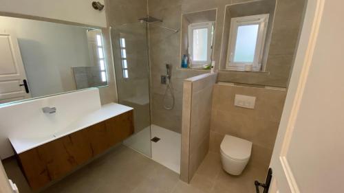 une salle de bain avec une douche, un lavabo et des toilettes dans l'établissement Au pied du Luberon, à Les Taillades