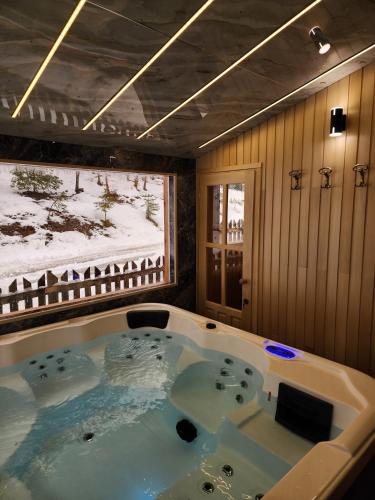 a jacuzzi tub in a room with a window at Koliba Pčelica 1-SPA in Bijelo Polje