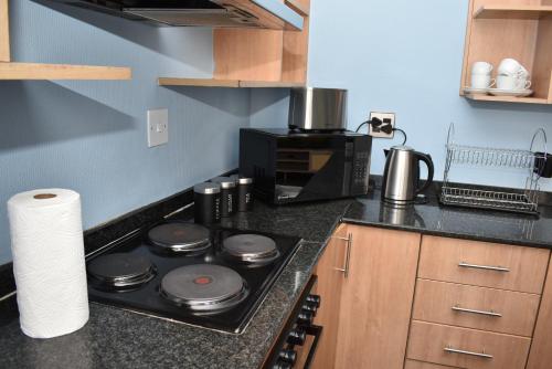 a kitchen with a stove and a microwave at 305 Urban Oasis in Jozi CBD in Johannesburg