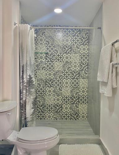 a bathroom with a toilet and a glass shower at 5th Av Studio Close to the Beach ADO Ferry & Mall in Playa del Carmen