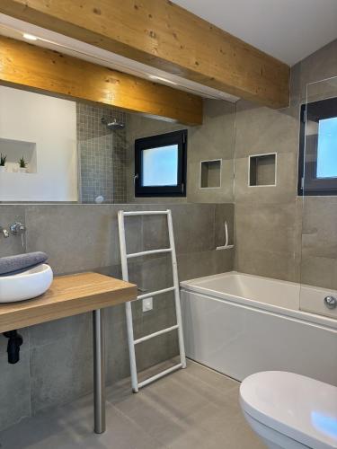 une salle de bain avec un lavabo, des toilettes et une baignoire dans l'établissement Le Grand Perce Neige & Jacuzzi à proximité de Gérardmer, à Rochesson