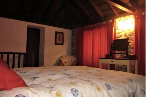 a bedroom with a bed and a desk with a television at Authentic country house Casa Gloria with fantastic views in Franceses