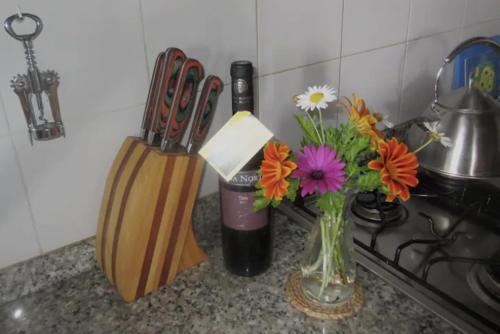 a knife block and a vase with flowers on a counter at Authentic country house Casa Gloria with fantastic views in Franceses