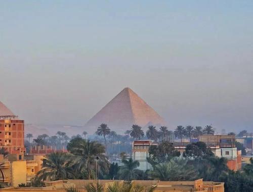 a view of the pyramids of egypt with buildings and palm trees at Giza Palace Pyramids View in Cairo