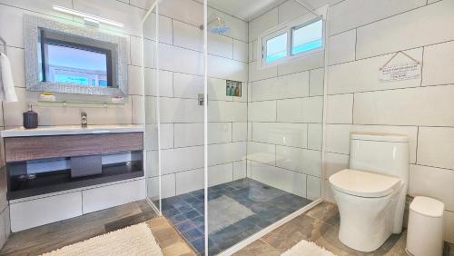 a bathroom with a shower and a toilet and a sink at El Cielo by Villa Alejandro in Boquete